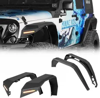 Jeep Accessories Enhance Your Ride Hooke Road JK 8.7" Wide Flat Fender Flares Kit for 2007-2018 Jeep Wrangler JK & Unlimited 2/4 Doors, 4PCS Off-road Fenders w/Lights