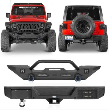 Jeep Accessories Enhance Your Ride Hooke Road JL Front and Rear Bumper Set for 2018-2026 Jeep Wrangler JL JLU 2/4 Doors, Include Winch Plate, Hitch Receiver, Front/Rear LED Lights