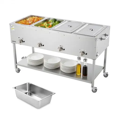 Vevor An Online Marketplace VEVOR 4-Pan Commercial Propane Steam Table, LP Gas Outdoor Soup Warmer with Drain Valve and 3" Wheels, Stainless Steel Propane Food Warmer with Independent Temp Control, for Restaurant Outdoor Camping