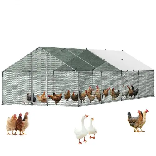Vevor An Online Marketplace VEVOR Metal Chicken Coop, 9.8x26.2x6.5 ft Large Walk-in Chicken Runs with Cover, Spire Roof Hen House Enclosure with Security Lock, Outdoor Duck Rabbit Cage Poultry Pen for Backyard, Farm, Yard