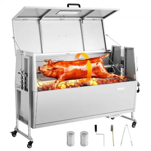 Vevor An Online Marketplace VEVOR Rotisserie Grill, 38W BBQ Outdoor Pig & Lamb Spit Roaster, Charcoal Spit Roaster with 132 LBS Capacity, Wheels & 4-Level Height, Stainless Steel Electric Rotisserie Grill Kit for Camping Outdoor