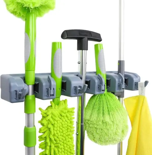 Amazon Basics Products Rectangular Heavy Duty Wall Mount Broom and Mop Holder, Sturdy Tool Organizer with Hooks and Slots for Garage, Garden, Laundry, Kitchen Organization