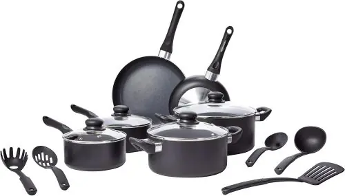 Amazon Basics Products Non-Stick Kitchen Cookware 15-Piece Set with Stay-Cool Handles, Even Heating, Non-Induction, Includes Pots, Pans, and Utensils, Black