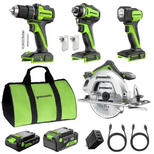 Greenworks Leading Battery Power Tools 24V Brushless Power Tool 4PC Combo Kit, (1) 4.0 Ah and (1) 2.0 Ah USB-C Batteries and 65W USB-C Fast Charger