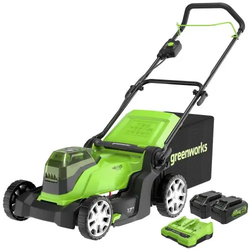 Greenworks Leading Battery Power Tools 48V (24V x 2) 17" Cordless Battery Push Lawn Mower w/ Two (2) 4.0Ah USB Batteries & Dual Port Charger