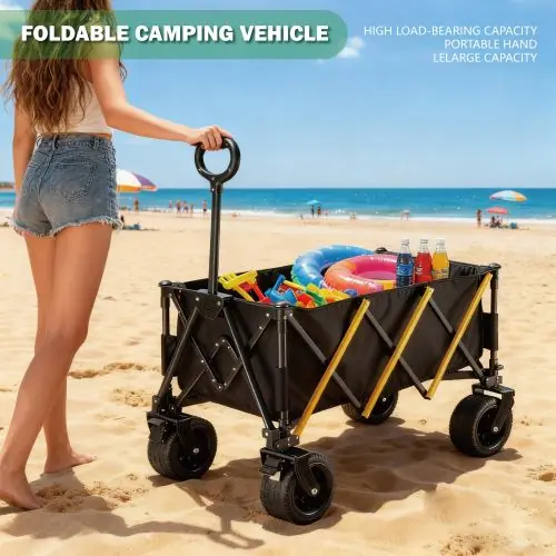 Temu USA Pet Supplies Foldable Beach Cart, Heavy-Duty Multi-Purpose Wagon with 360° All-Terrain Wheels, Side Pockets | For Beach, Sports, Camping Gear, Pets Outing | Camping Stuff