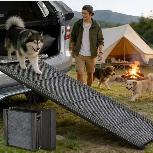 Temu USA Pet Supplies Dog Ramp For Car, 63" Long & 17" Wide Folding Portable Pet Stair Ramp With Non-Slip Rug Surface, Extra Wide Dog Steps For Medium & Large Dogs Up To 250LBS Enter A Car, SUV & Truck