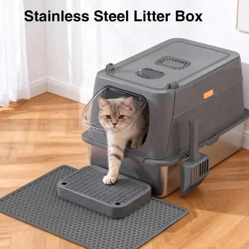 Temu USA Pet Supplies CITYLIFE Oversized Stainless Steel Cat Litter Box, Completely Covered Cat Litter Box with a Lid, Collapsible Anti-Splash Cat Litter Box Featuring a Front Flap Door, Indoor Cat Toilet, Superior Odor Control Pet Toilet