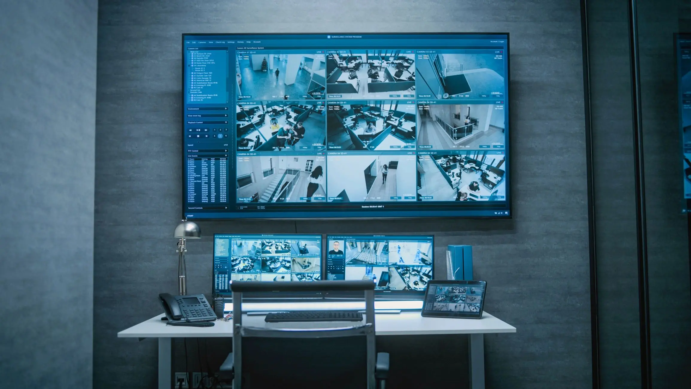 Computer monitors and big digital screen showing surveillance footage