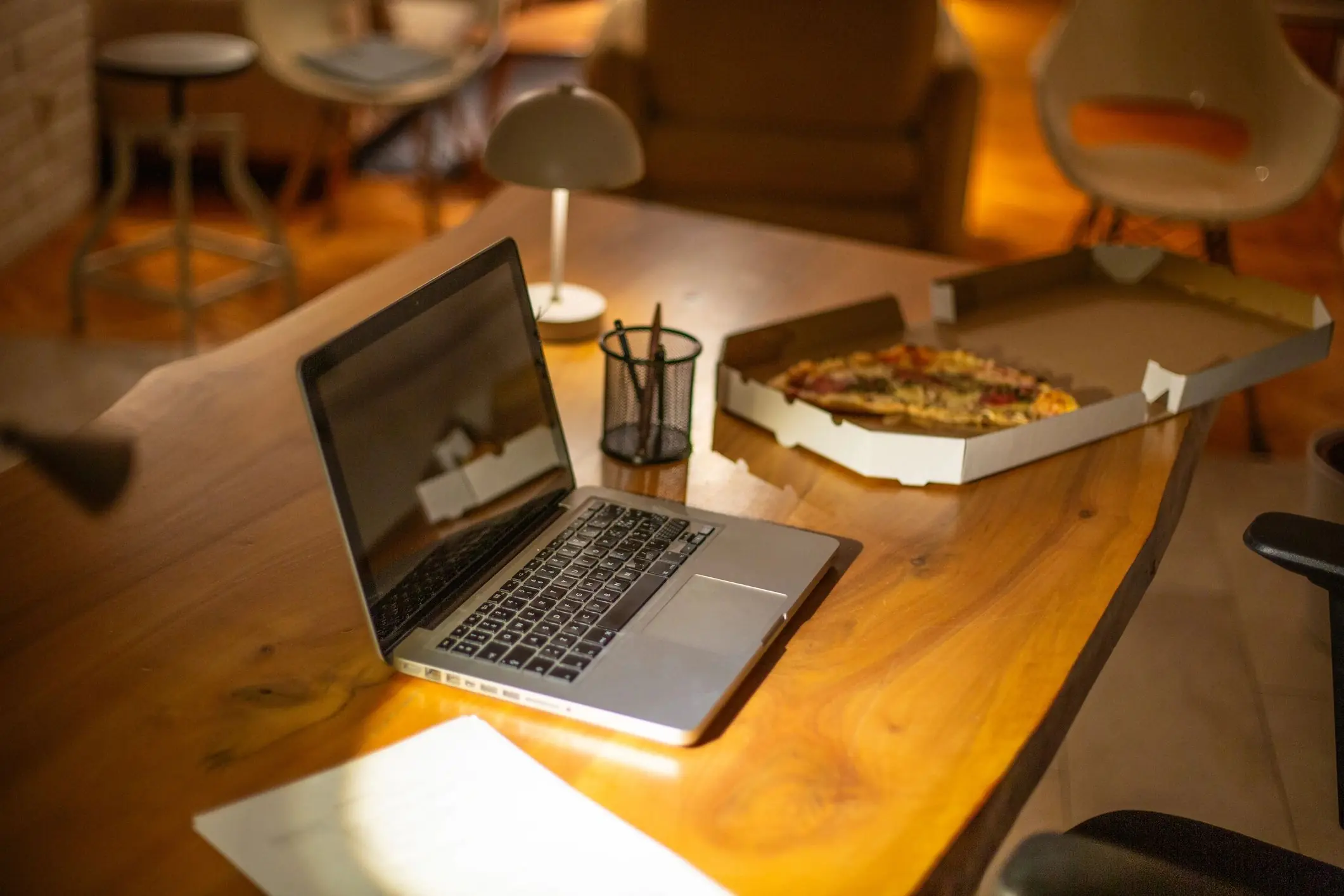 Pizza box on a desk for takeout