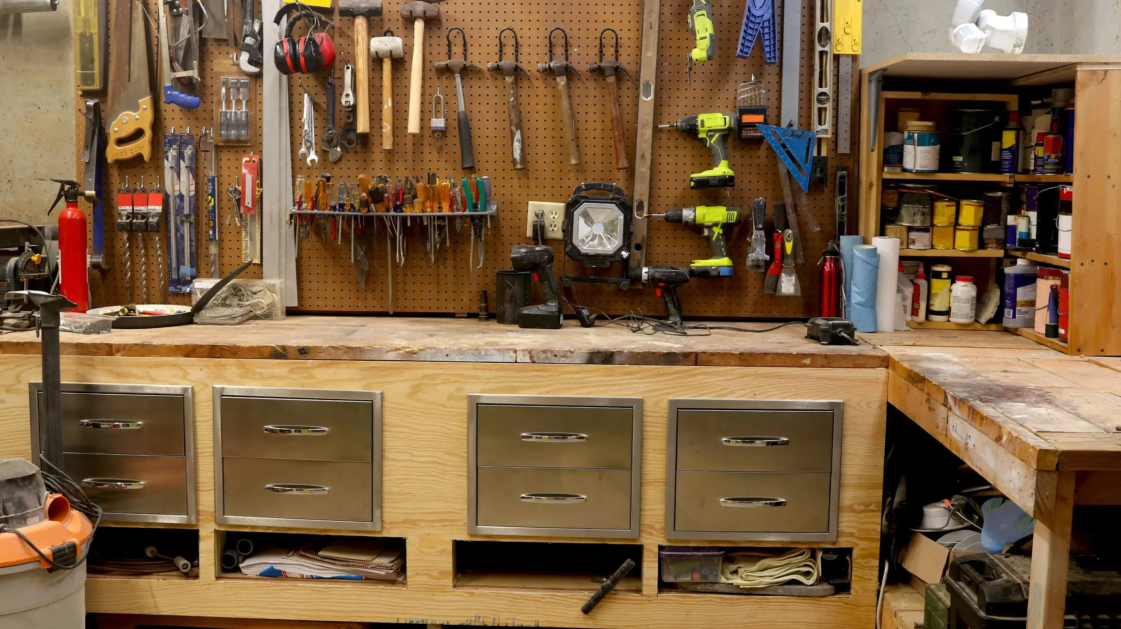 Garage workshop with power tools and workbench